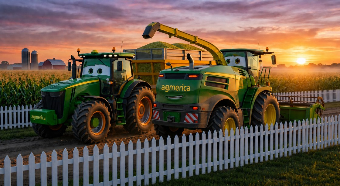 Harvest at sundown — tractor and forage harvester working an Indiana corn field